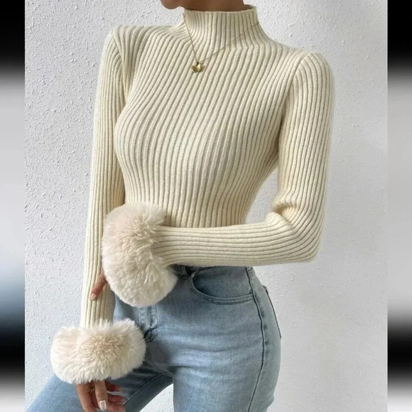 Mock Neck Fuzzy Cuff Sweater - Picture 3 of 6